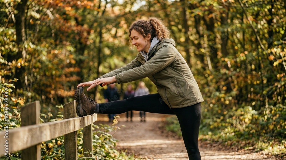 Fototapeta premium Active Woman Stretching Leg on Wooden Fence on Autumn Forest Trail