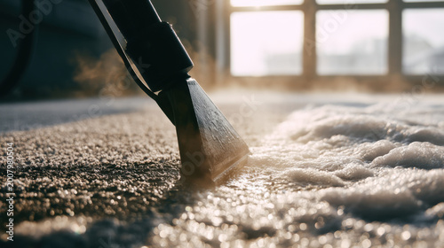 A person uses a steam cleaner on a carpet, releasing steam and cleaning foam. Bright sunlight enters through large windows, creating a warm atmosphere in the room