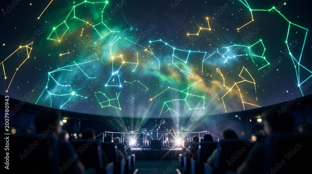Fototapeta premium Audience watching vibrant constellation projections on planetarium dome. Immersive starry sky simulation with glowing stars