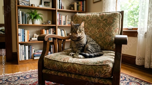 Tabby cat sits on floral patterned armchair inside home library near wood.