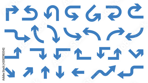 Light blue directional arrow set featuring diverse curves, isolated on transparent background