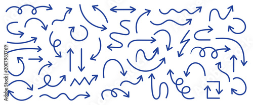 Hand-drawn blue arrow collection, doodle style directional signs isolated on transparent background