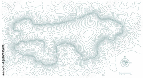 Abstract topographic map illustration with contour lines, organic landmass shape, compass rose, and scale for geography and planning.