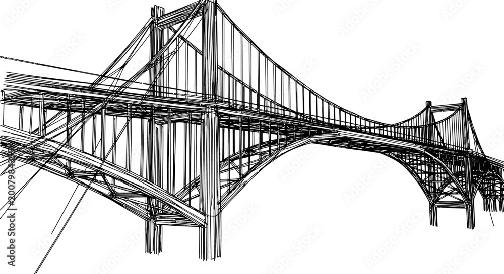Fototapeta premium Architectural wireframe rendering of a massive suspension and arch bridge structure. Engineering sketch in black and white.