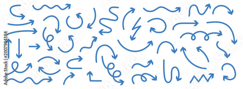 Set of hand-drawn blue arrows with various curvy and zigzag isolated on transparent background