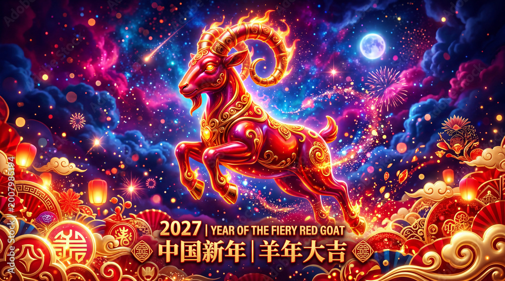 Fototapeta premium Fiery red goat leaping amid fireworks and lanterns in starry night sky. Chinese New Year 2027 zodiac symbol of fire sheep with ornate