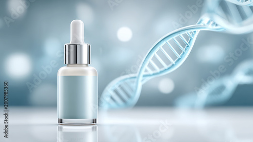Anti-aging serum bottle with dna helix on blue background for skincare innovation