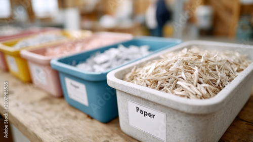 Various types of paper in colorful containers on a wooden table in a workshop setting