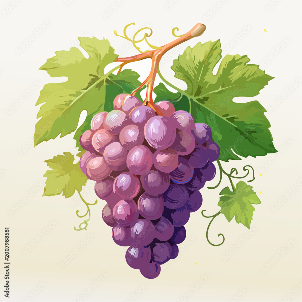 Fototapeta premium A vibrant cluster of purple grapes hangs from a lush green vine with leaves.