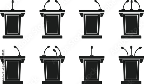 Tableau sur toile Collection of podium icons with microphones for presentations and speeches