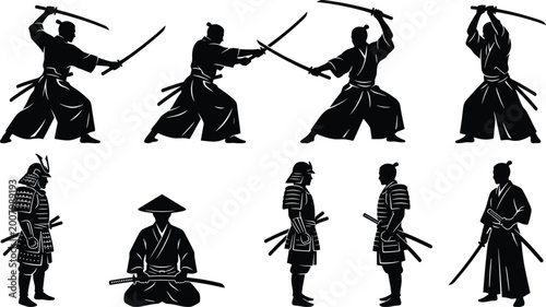 Cuadro en lienzo Silhouette samurai warriors in various poses with swords and armor on white back