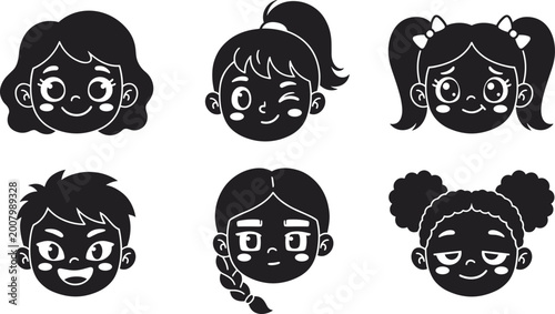 Quadro su tela six diverse cartoon girl faces showing emotions flat design vector illustration