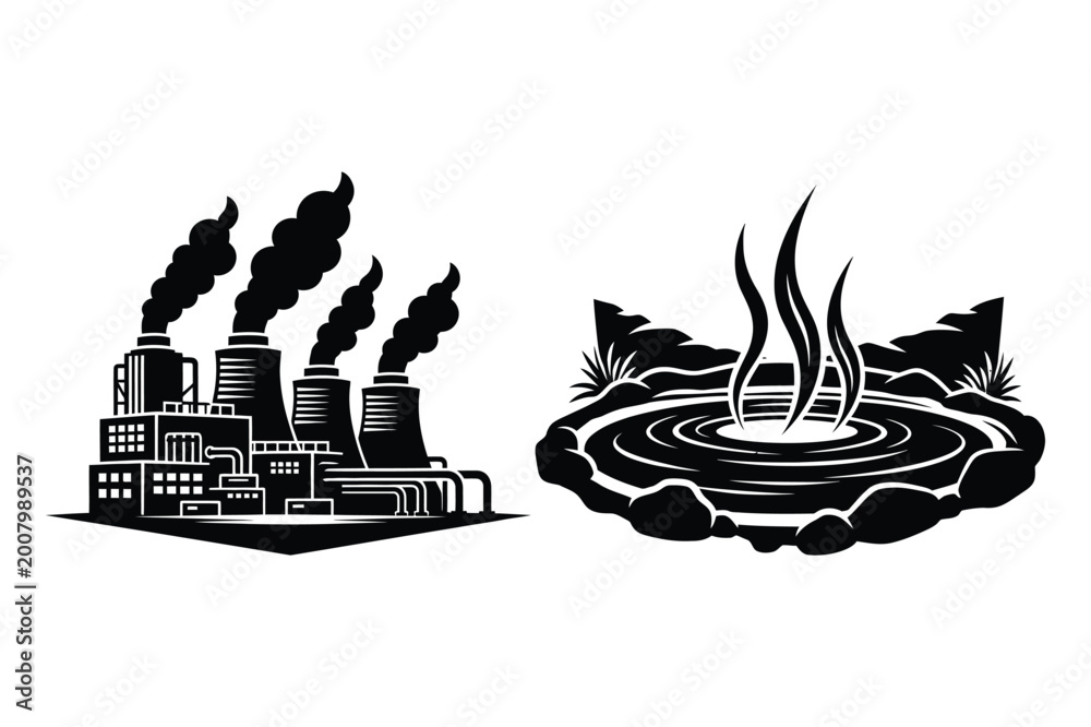 Naklejka premium Factory smokestacks and geothermal hot spring with industry pollution resource