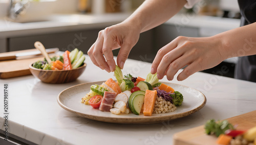 Hands preparing a healthy vegetable salad.