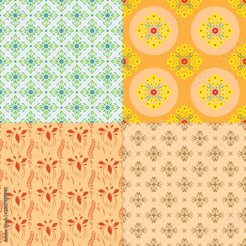 Set of four seamless decorative patterns with vintage and floral themes.High-quality vector illustrations for textile design, wallpaper, and creative backgrounds.