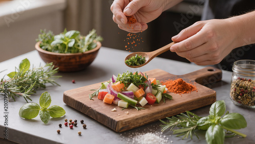 Hands preparing mixed vegetable salad.