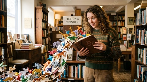 Woman reads book while paper animals emerge inside bookstore shelves brown.