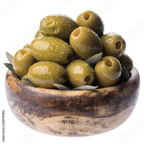 Fresh Green Pitted Olives in Rustic Wooden Bowl with Olive Leaves Isolated on White Background