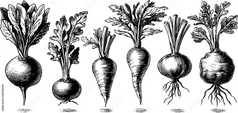 Naklejka premium Assorted root vegetables arranged with leafy tops on white