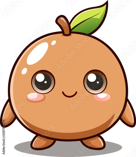 Cute cartoon orange fruit character with a happy face, big eyes, and small arms and legs, standing on a gray surface.