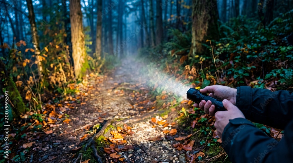 Obraz premium Hands holding flashlight on misty forest path at dusk. Autumn woodland search for lost child. Symbol of hope and awareness for international missing children day
