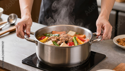 Person cooking with a large pot.