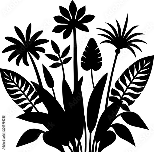 Lush jungle plant composition with tall tropical flowers and diverse foliage silhouettes for botanical landscape designs.