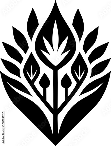 Ornate stylized black botanical emblem, symmetric floral element, ornate decorative design, elegant plant motif, isolated on checkered background.