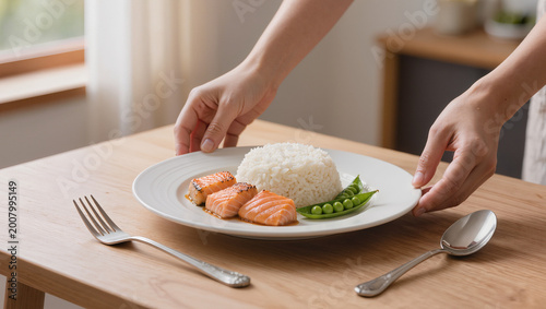 Person serving food on a plate.