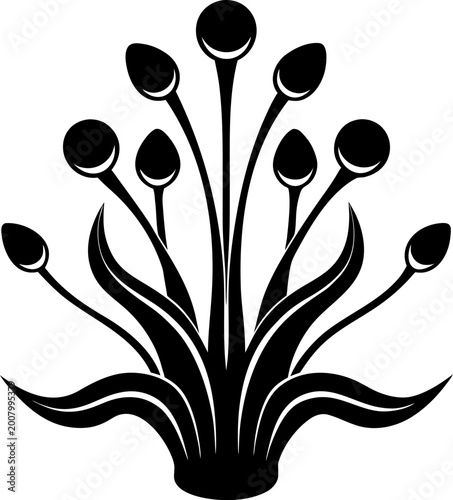 Stylized black silhouette of a blooming plant with elegant petals and leaves on a gray checkered background.