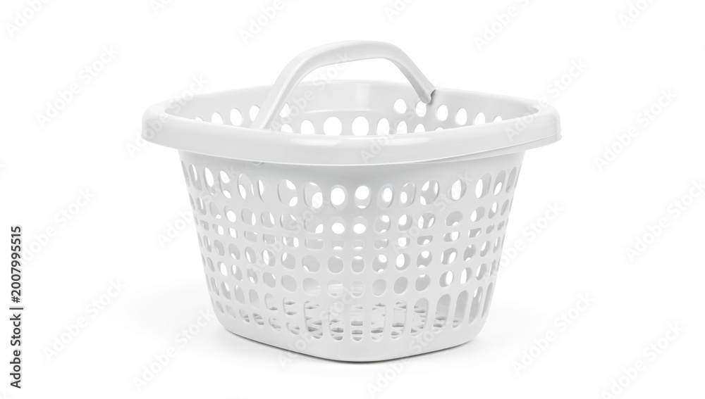 Obraz premium A simple white plastic basket with handles against a white background