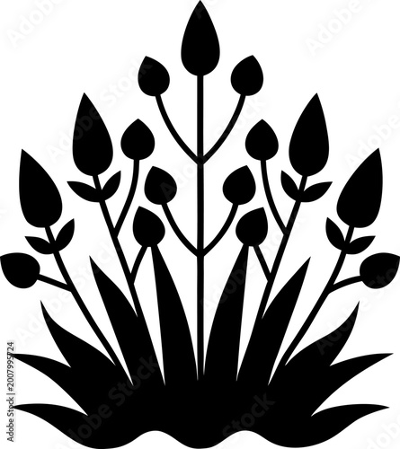 Stylized meadow grass with budding wildflowers and tall stems in silhouette for elegant outdoor garden border decoration.
