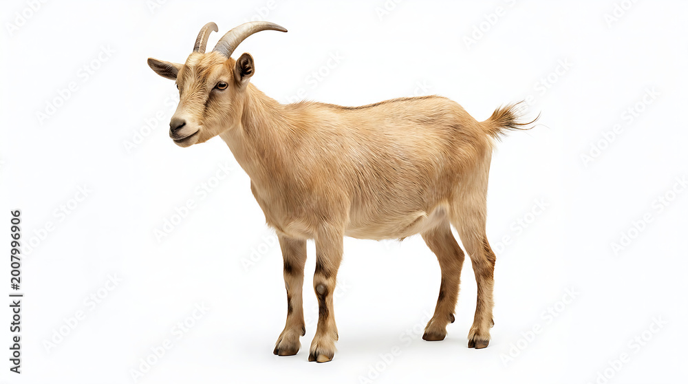 Fototapeta premium Standing brown goat with horns on plain background