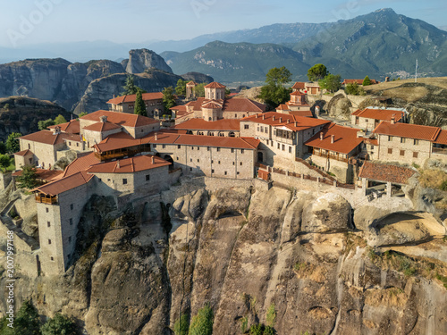 Aerial view of the Great Meteoron Monastery at Sunrise, Meteora, Greece