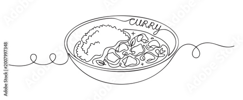 Continuous line drawing illustration of a bowl of savory chicken curry with rice on a white background for a minimalist restaurant menu and culinary art concept