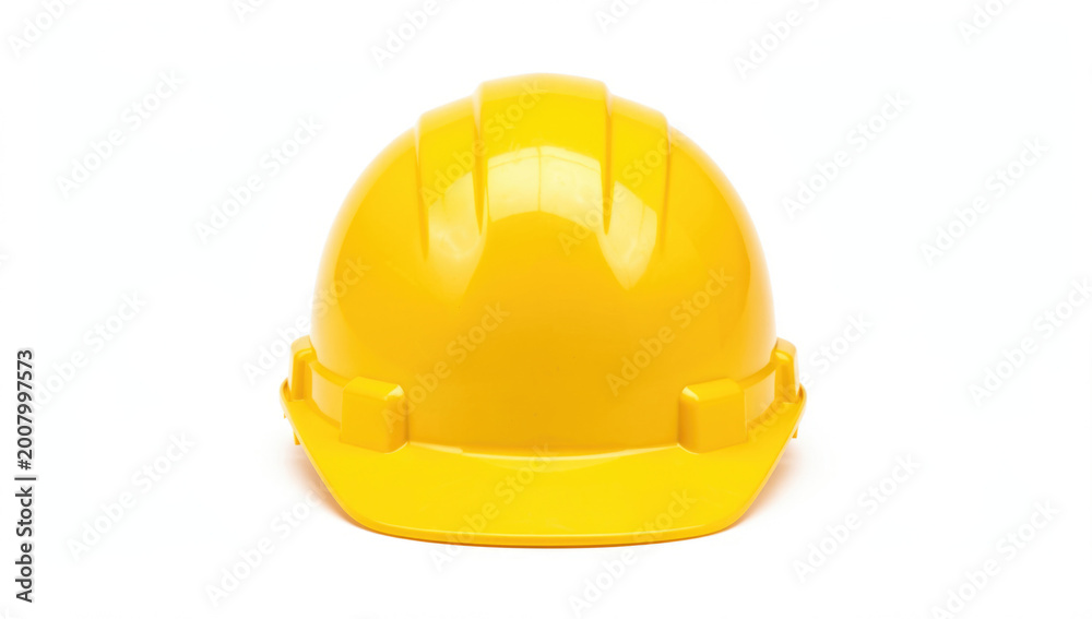 Fototapeta premium A single yellow hard hat sits on a clean white background, perfect for construction or DIY projects
