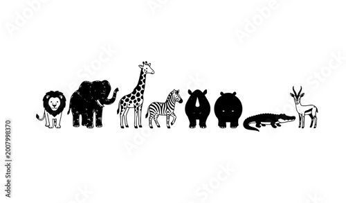 Foto A stylized cartoon vector illustration of African safari animals displayed in a playful scattered composition on a solid white background
