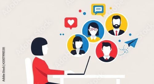 Woman using laptop connected to social media icons and profile images