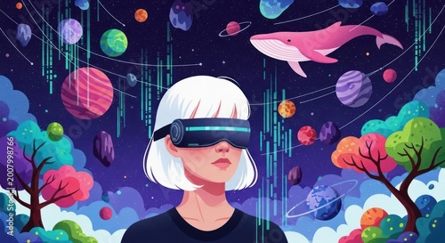 Woman using vr headset exploring virtual world with planets and whale imagery