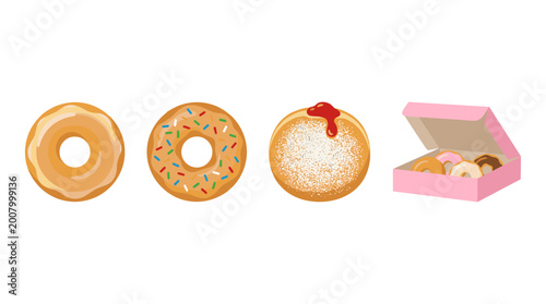 vector sweet donuts collection set with glazed sprinkles jelly filled donut and pink bakery box assortment
