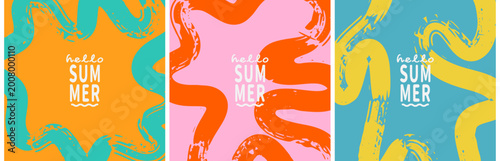Hello Summer Abstract Wavy Poster Collection ; Colorful hello summer poster collection with with textured wavy brush strokes shapes, textured waves. Trendy seasonal social media vector background set.
