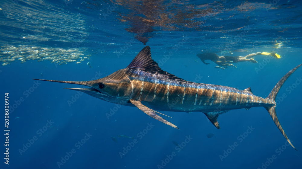 Fototapeta premium A powerful blue marlin glides through the clear tropical ocean with light rays piercing the surface and a school of fish in the distance, capturing the essence of wild marine life and sport fishing.