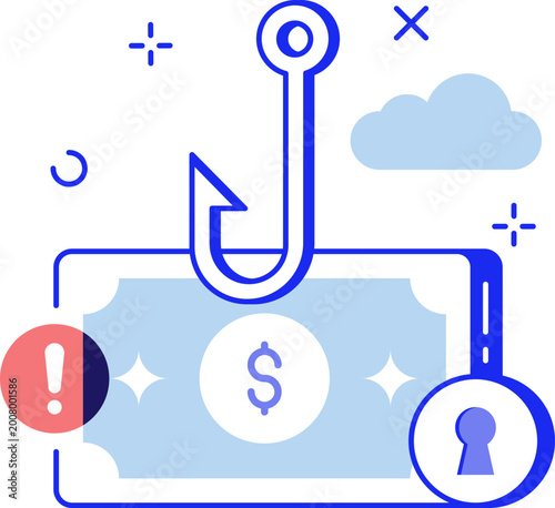 Fishing hook catching dollar bill for cyber phishing scam and financial security vector illustration