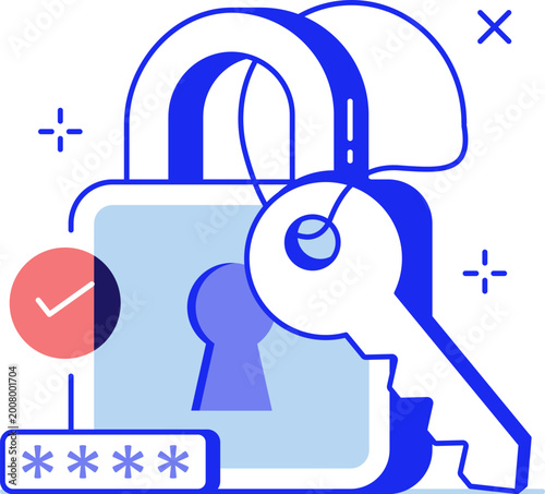 Padlock key password field and checkmark for privacy security and safety vector illustration