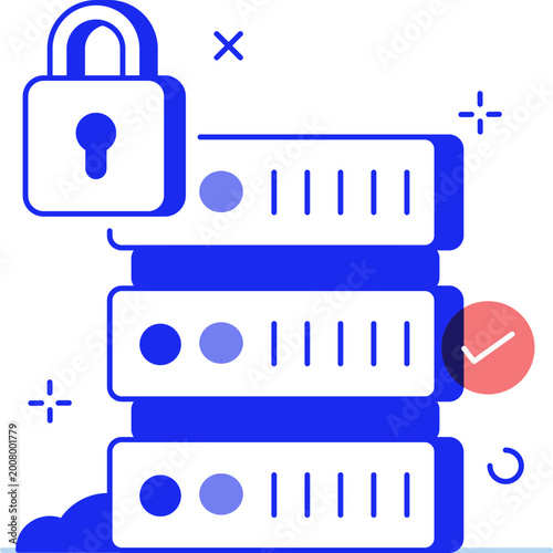 Server stack with padlock and checkmark for data security protection concept vector illustration