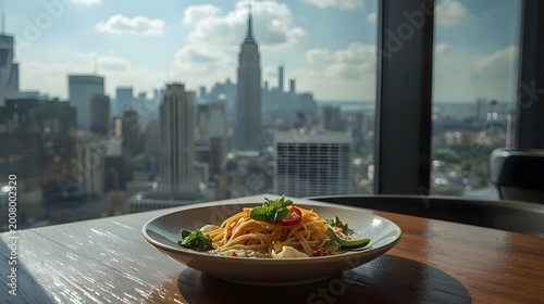 Noodle dish with chili and herbs on a table overlooking the New York City skyline