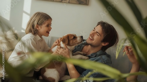 Family Bonding with Pet Dog in Modern Home Lifestyle Moment