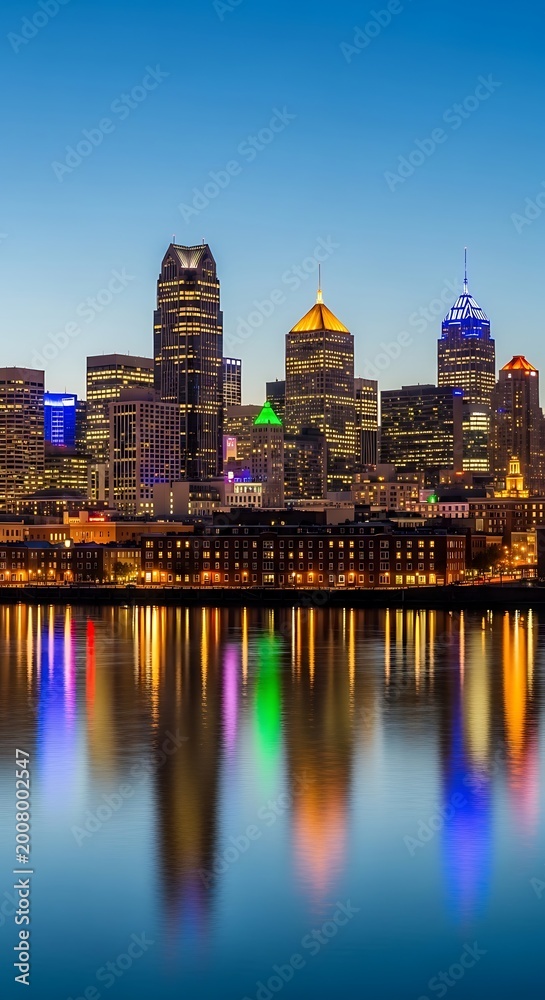Fototapeta premium City skyline at dusk with reflection.
