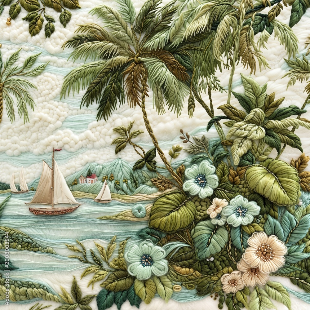 Fototapeta premium Embroidered Tropical Sailboat Paradise
