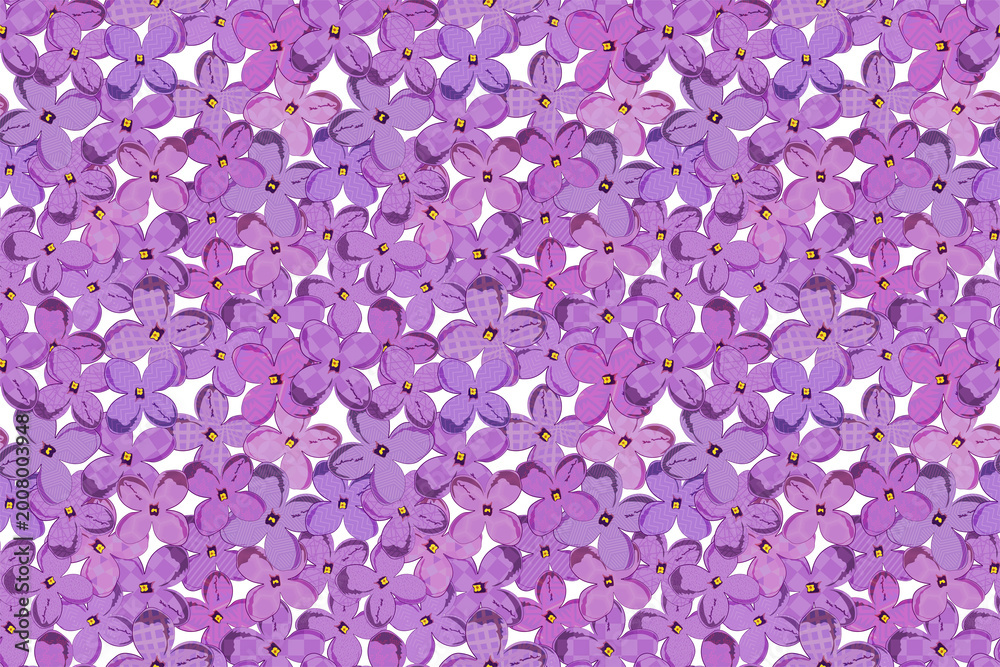 Fototapeta premium Seamless Lilac Flower Pattern with Geometric Texture, Purple Floral Background, Decorative Botanical Design for Textile, Wallpaper and Packaging